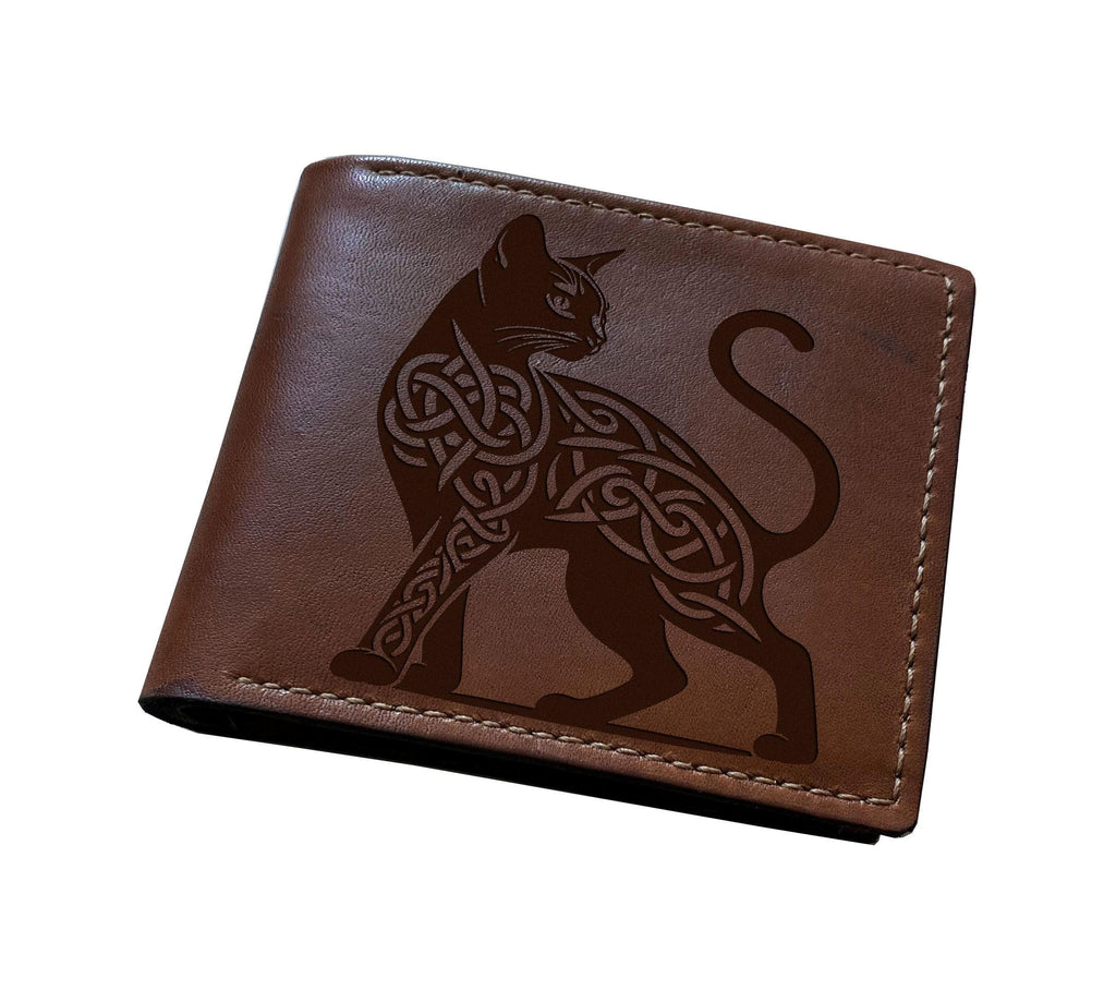 Celtic Cat Leather Wallet, Custom Engraved Bifold, Handmade