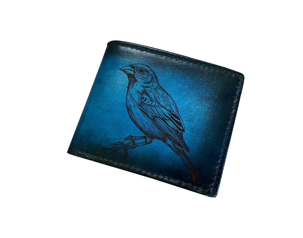 Handcrafted Leather Bird Drawing Wallet - Custom Engraved