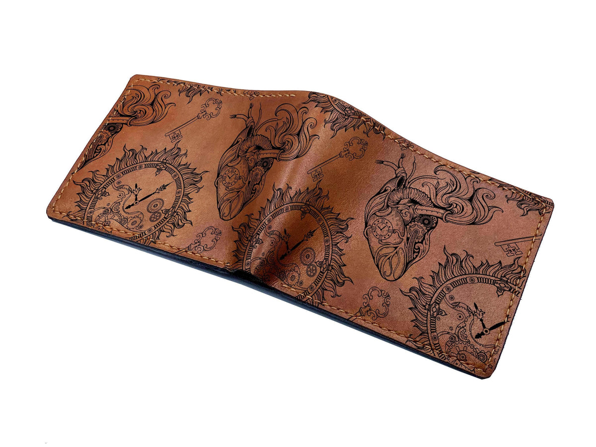 Steampunk Heart Leather Wallet: Handmade Mechanical Style Bifold