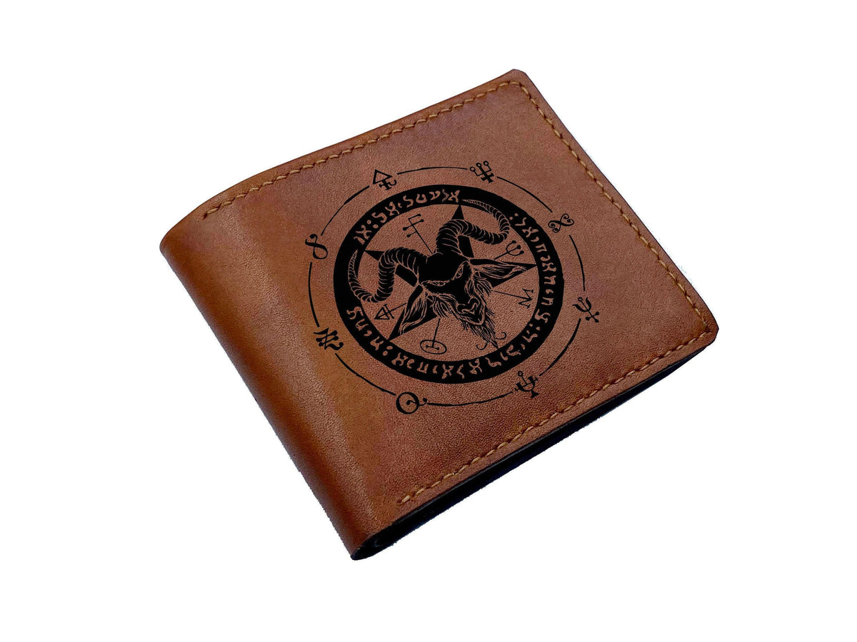 Custom Engraved Leather Wallet, Pentagram Pattern, Anniversary Gift