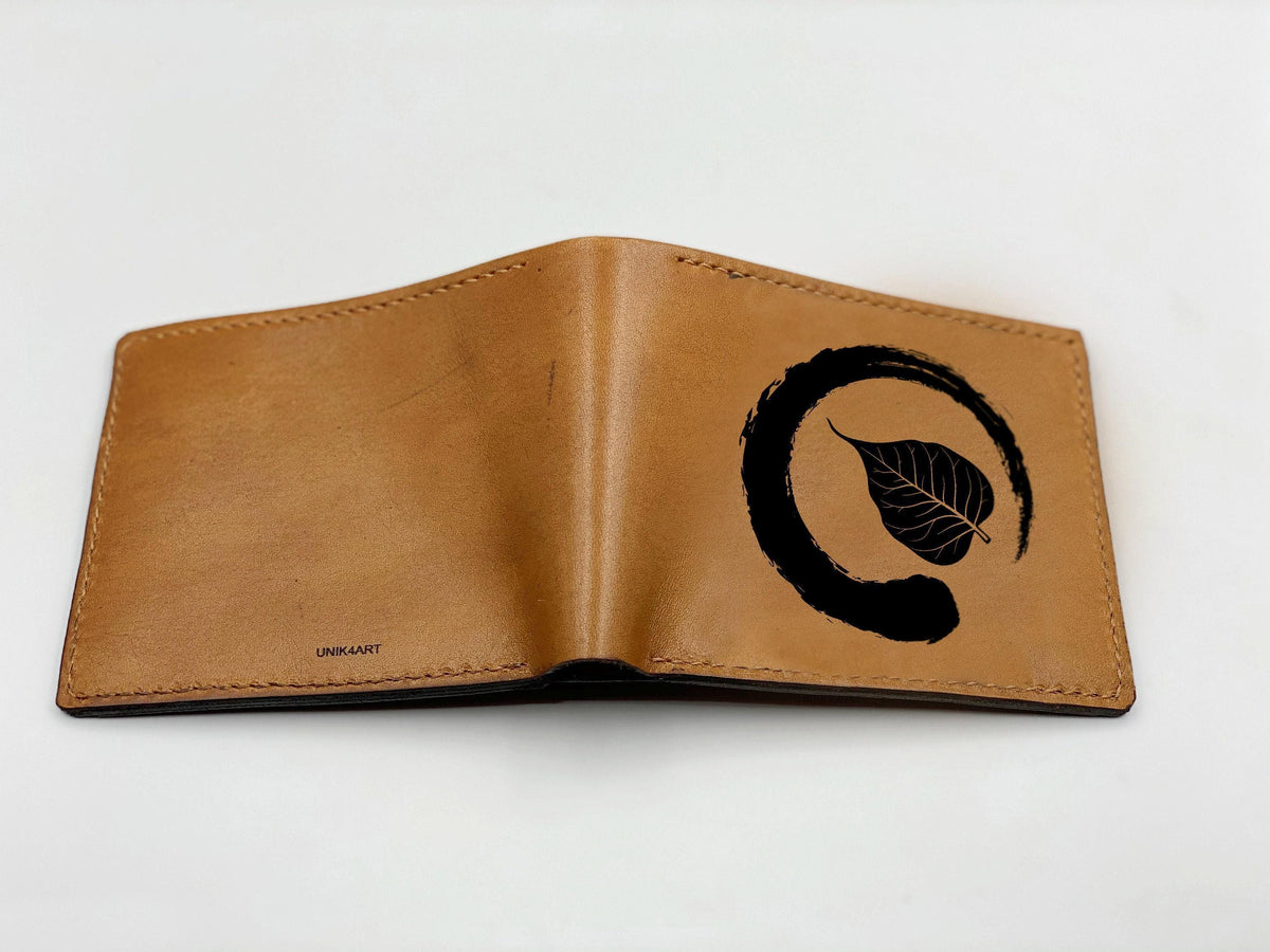 Custom Engraved Leather Wallet, Bodhi Tree, Handmade