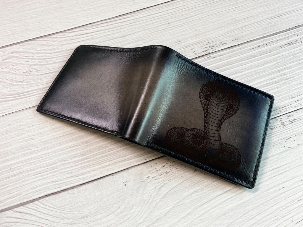 Handmade Leather Wallet, Cobra Snake Engraving, Personalized Gift for Him
