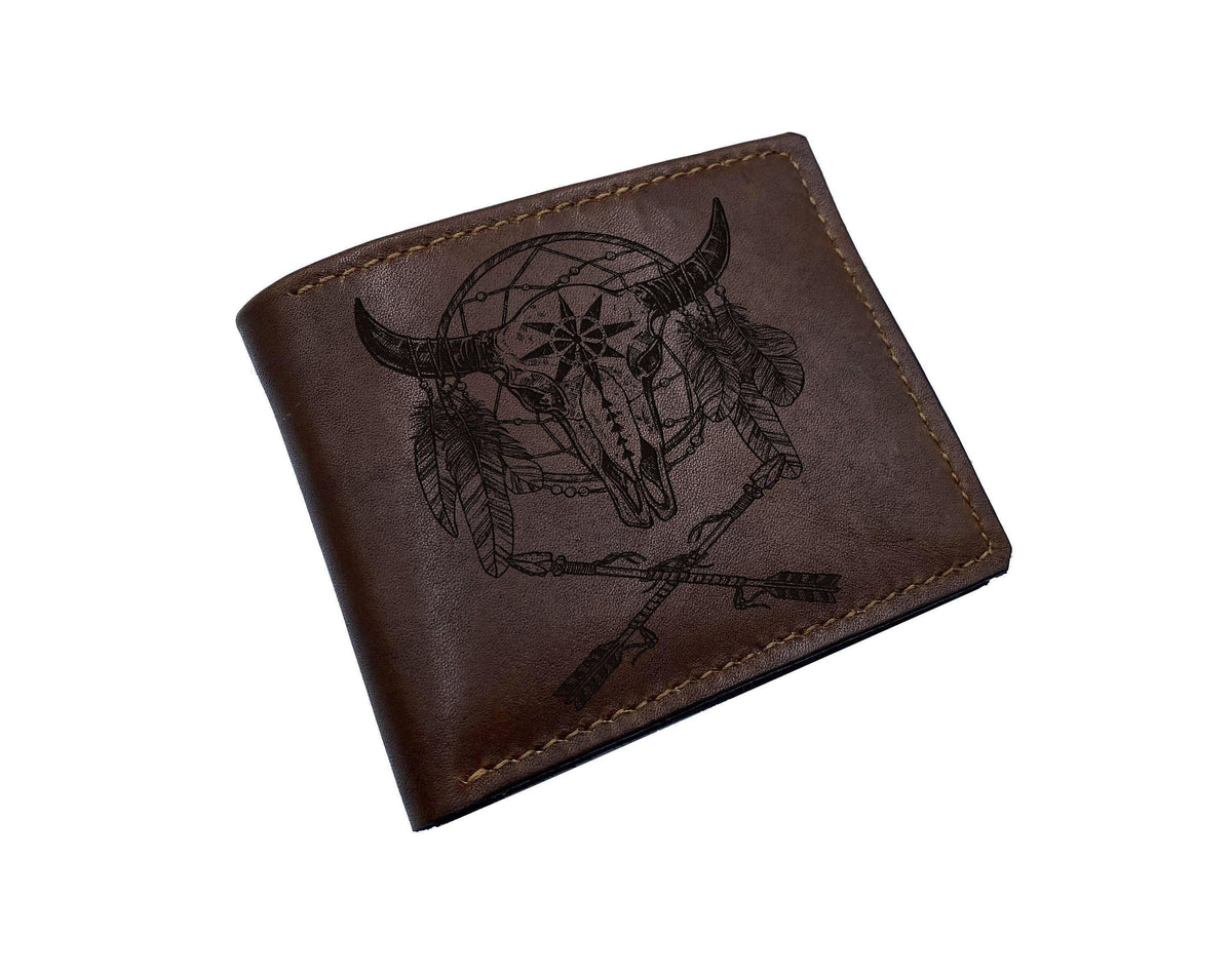 Engraved Leather Bifold Wallet: Bull Skull, Bohemian Style