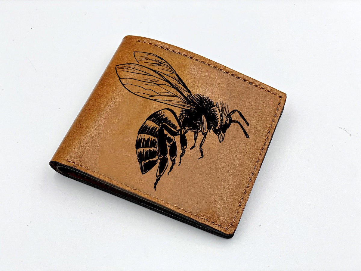 Engraved Bee Leather Wallet: RFID Blocking, Animal Art Gift