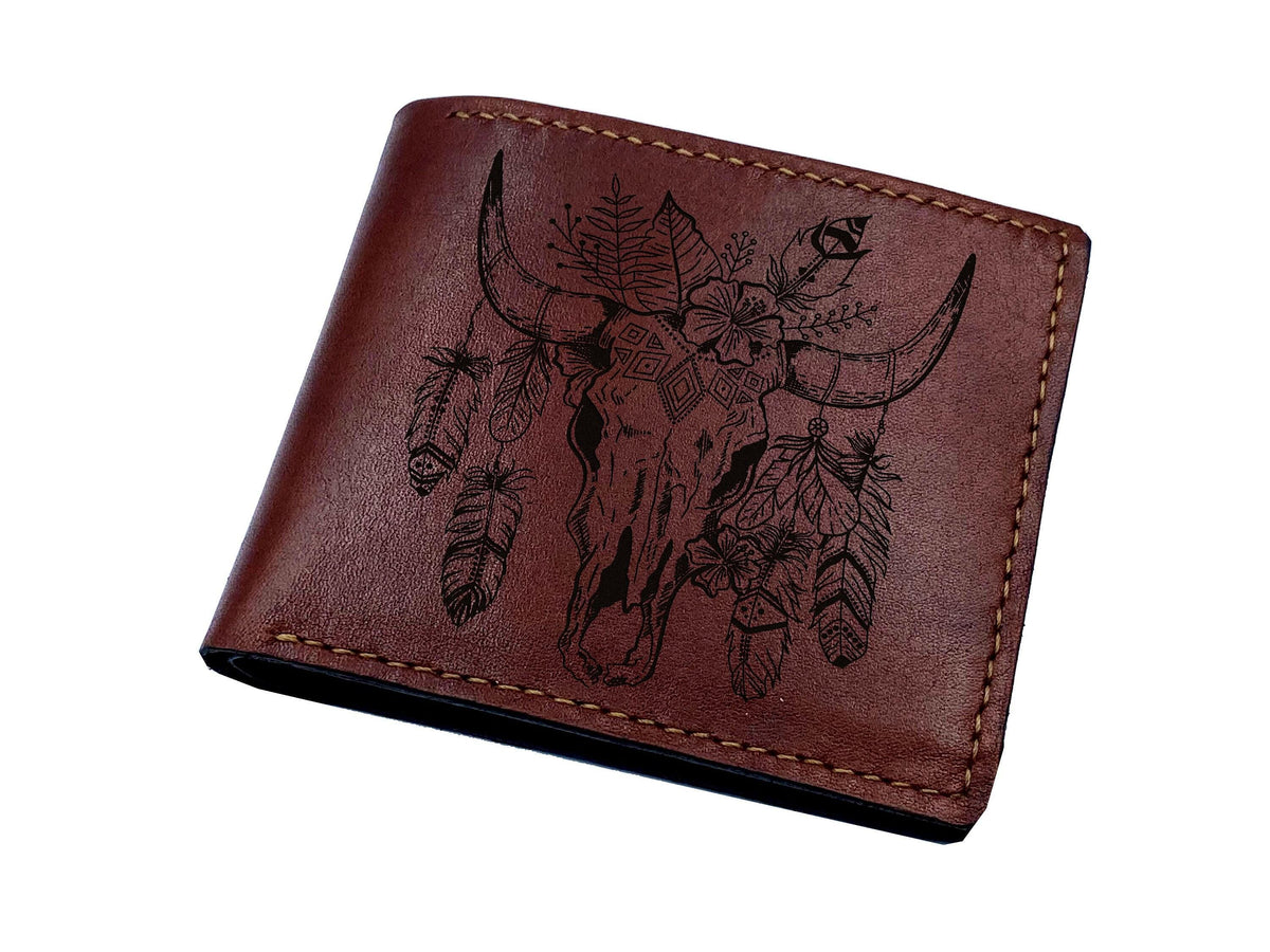 Engraved Leather Bifold Wallet: Bull Skull, Bohemian Style