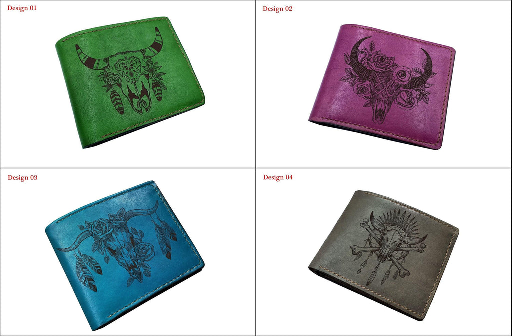 Engraved Leather Bifold Wallet: Bull Skull, Bohemian Style