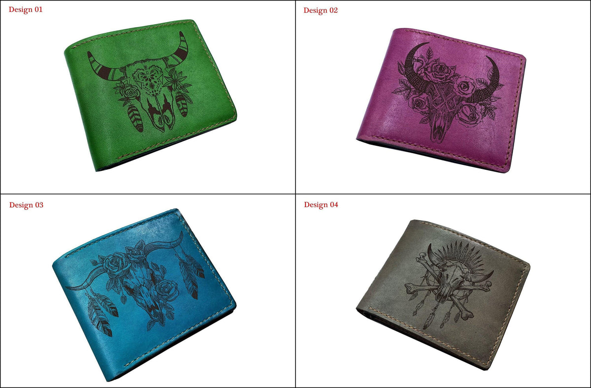 Engraved Leather Bifold Wallet: Bull Skull, Bohemian Style