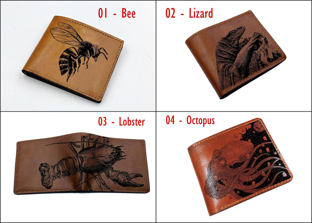 Engraved Bee Leather Wallet: RFID Blocking, Animal Art Gift
