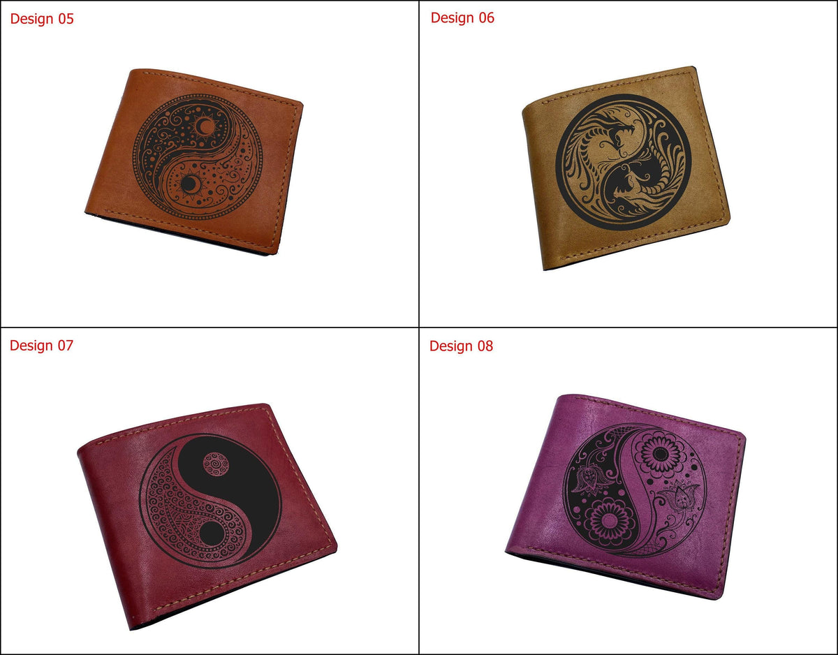 Personalized Leather Bifold Wallet: Dragon Yin Yang Engraved