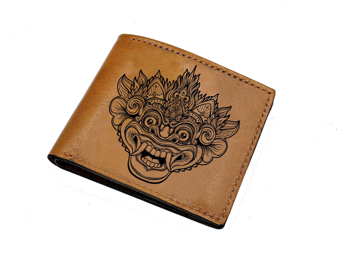 Custom Engraved Leather Wallet, Barong Lion Mask, Balinese Mythology