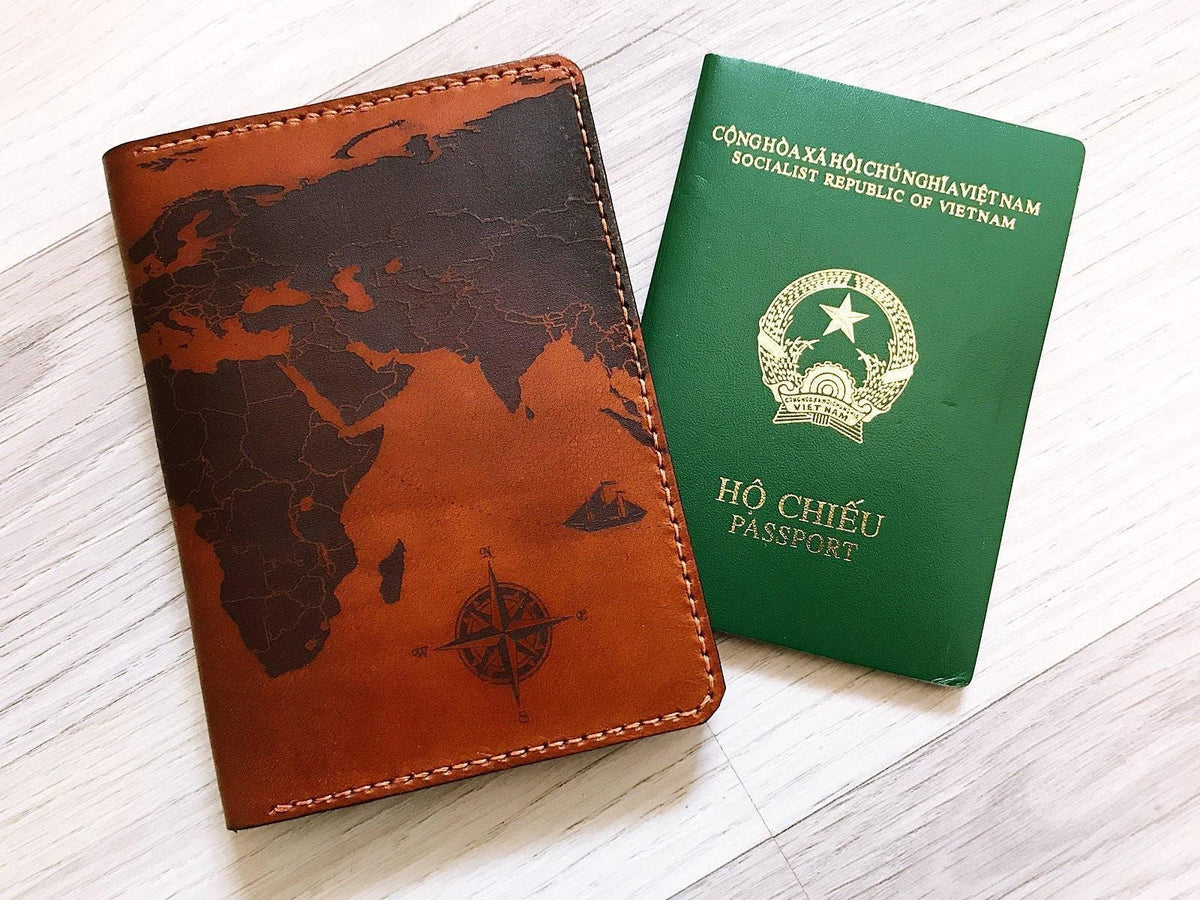 Vintage World Map Leather Passport Wallet: Personalized Travel Case