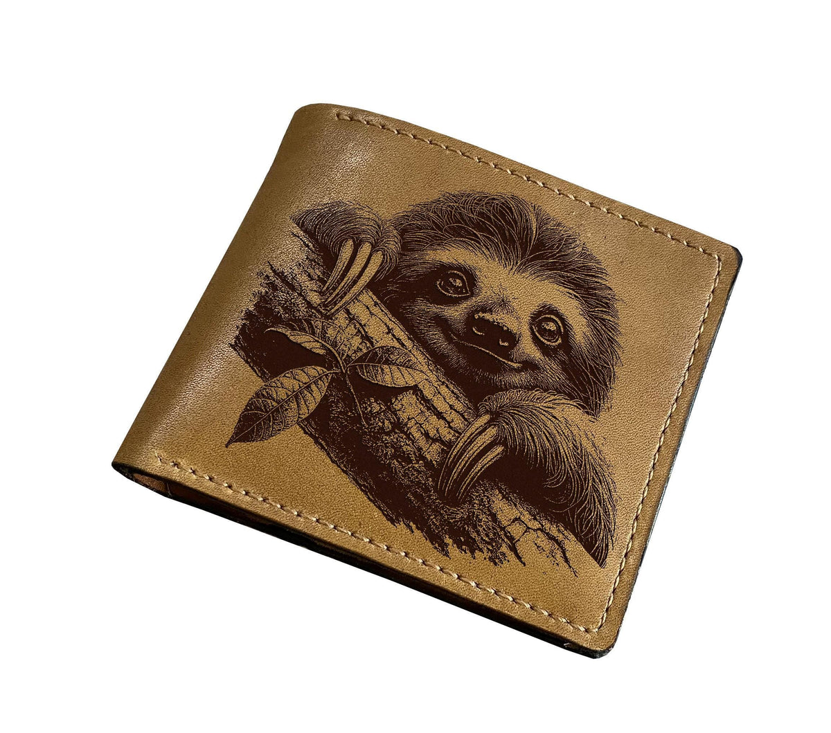 Sloth Drawing Leather Wallet, Handmade Bifold, Customized Gift
