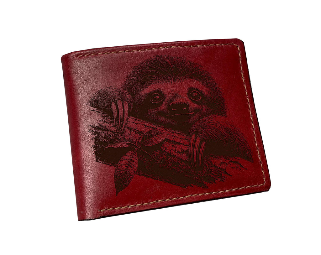 Sloth Drawing Leather Wallet, Handmade Bifold, Customized Gift