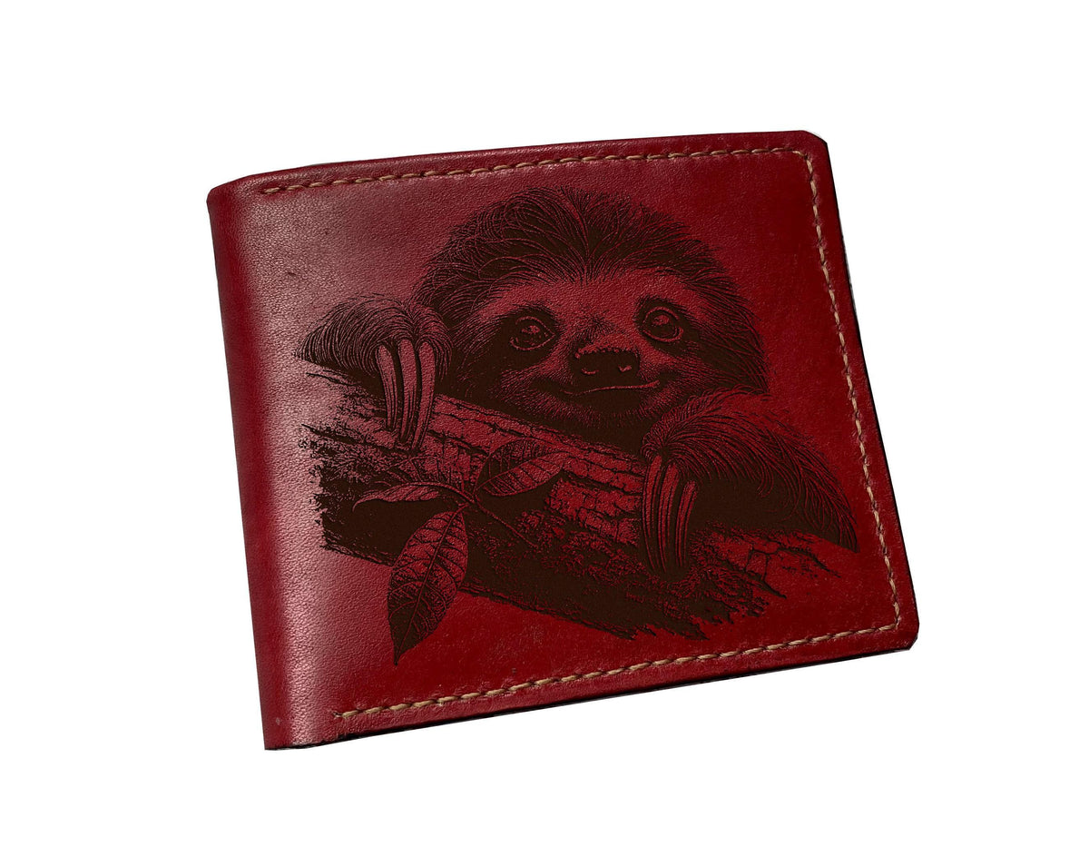 Sloth Drawing Leather Wallet, Handmade Bifold, Customized Gift