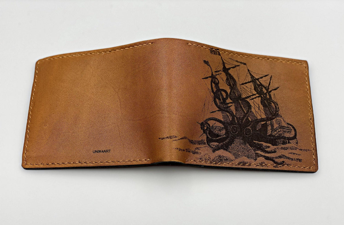 Personalized Kraken Leather Wallet, Handmade Men's Gift