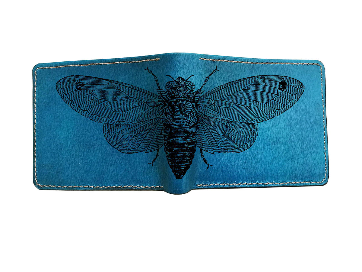 Personalized Leather Wallet: Cicada Sketch, insect pattern custom engrave wallet