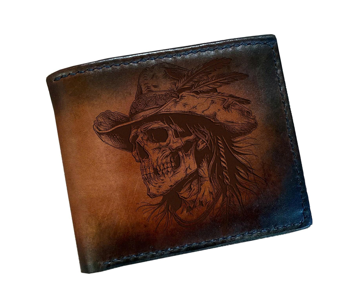 Cowboy Skeleton Leather Bifold Wallet, Custom Engraved Gift