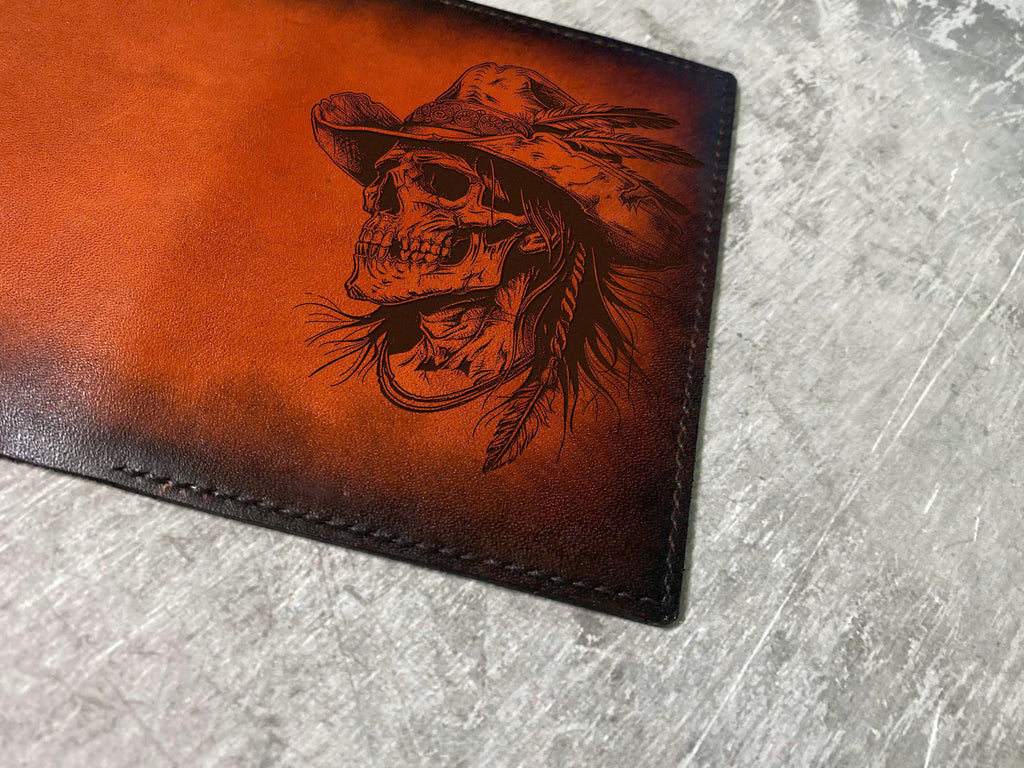 Cowboy Skeleton Leather Bifold Wallet, Custom Engraved Gift