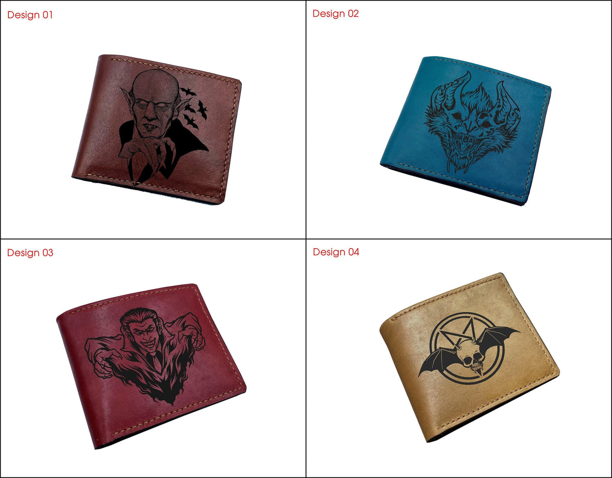 Engraved Bat Leather Wallet, Personalized Bifold Wallet, Halloween Gift