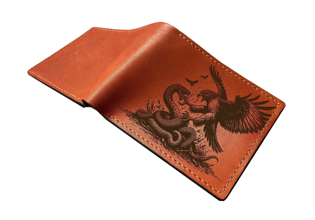 Handmade Leather Bifold Wallet, Eagle vs Snake Engraving