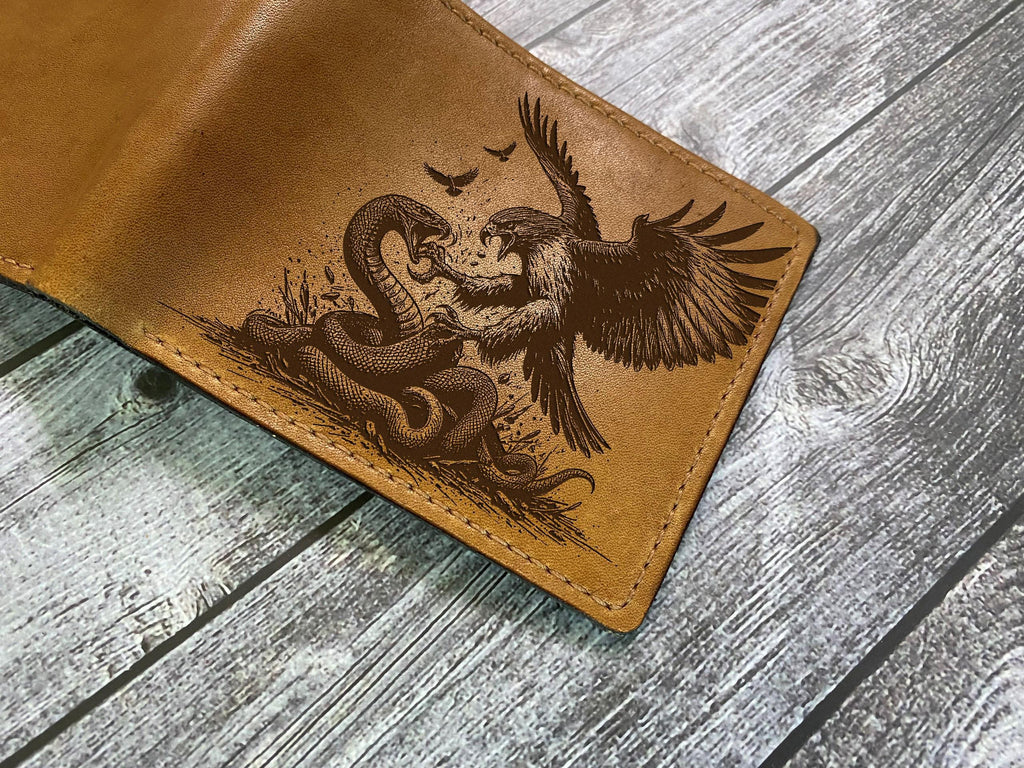 Handmade Leather Bifold Wallet, Eagle vs Snake Engraving