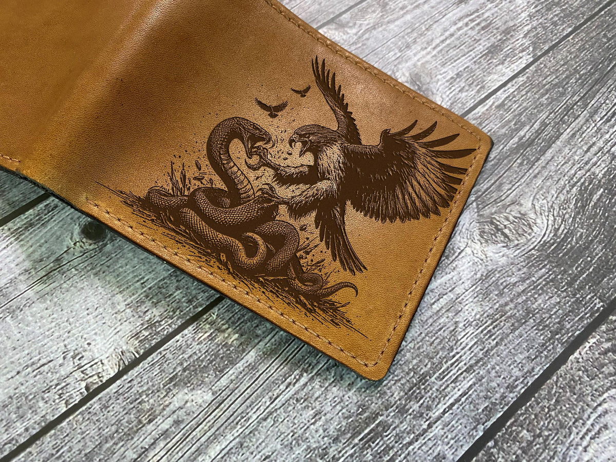 Handmade Leather Bifold Wallet, Eagle vs Snake Engraving