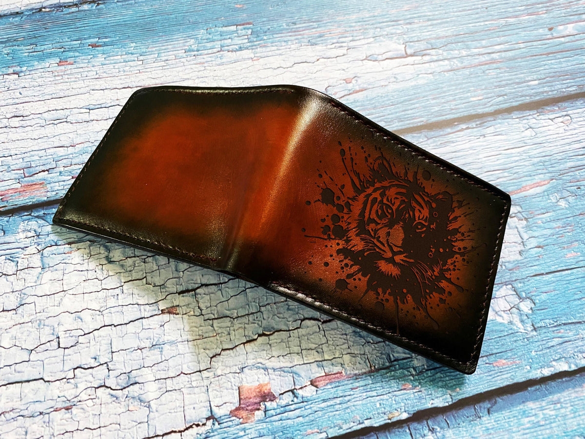 Personalized Genuine Leather Wallet, Tiger Art Engraving, Gift for Dad