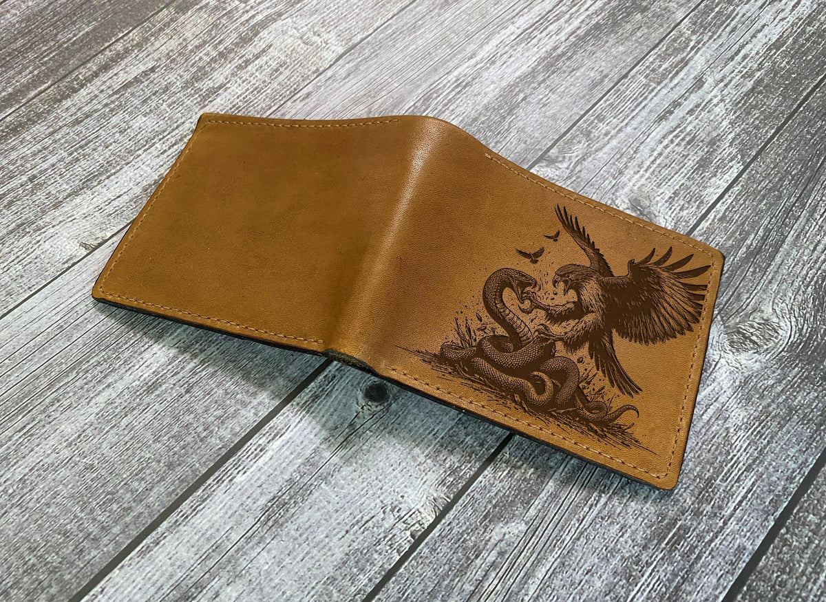 Handmade Leather Bifold Wallet, Eagle vs Snake Engraving