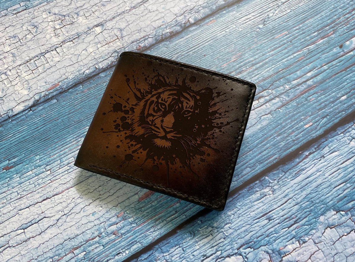 Personalized Genuine Leather Wallet, Tiger Art Engraving, Gift for Dad