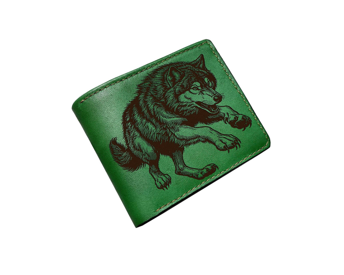 Wolf Drawing Leather Wallet: Custom Engraved Wildlife Art