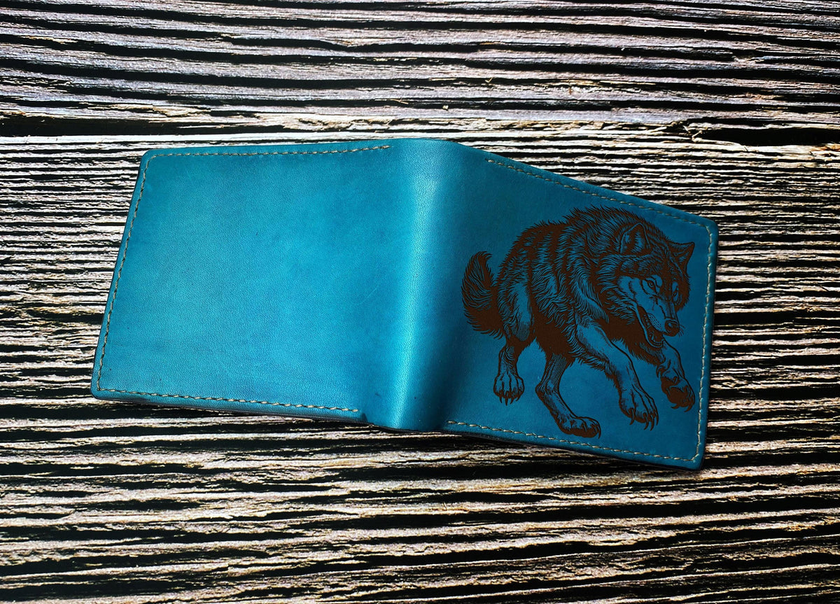 Wolf Drawing Leather Wallet: Custom Engraved Wildlife Art