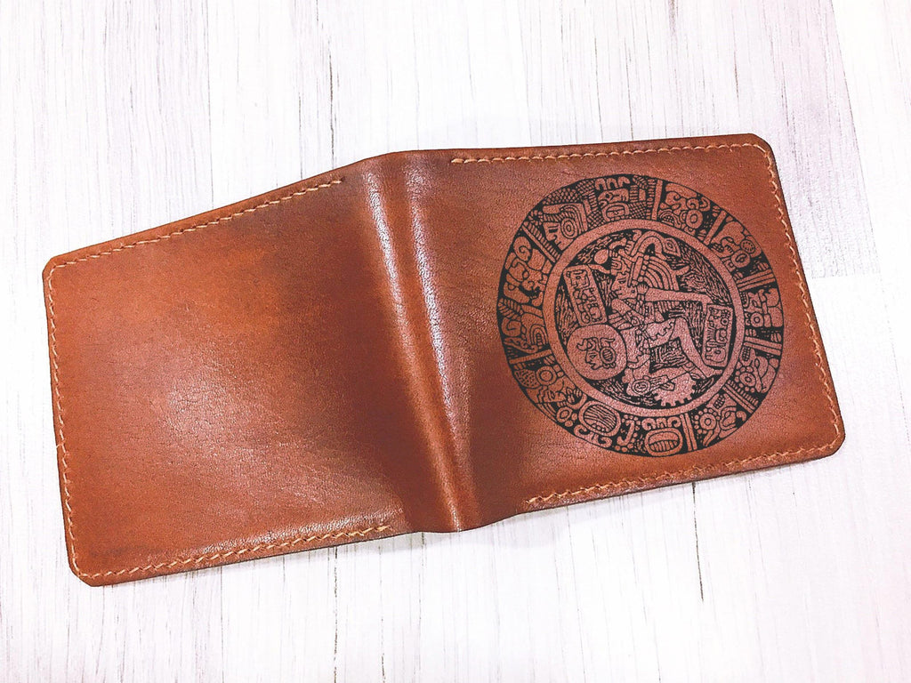 Engraved Leather Men's Wallet, Maya Inca Aztec Warrior, Personalized Gift