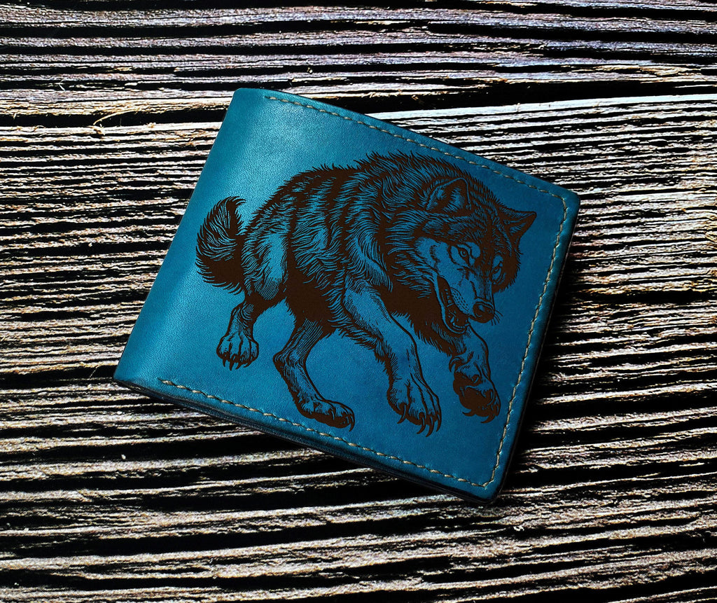 Wolf Drawing Leather Wallet: Custom Engraved Wildlife Art