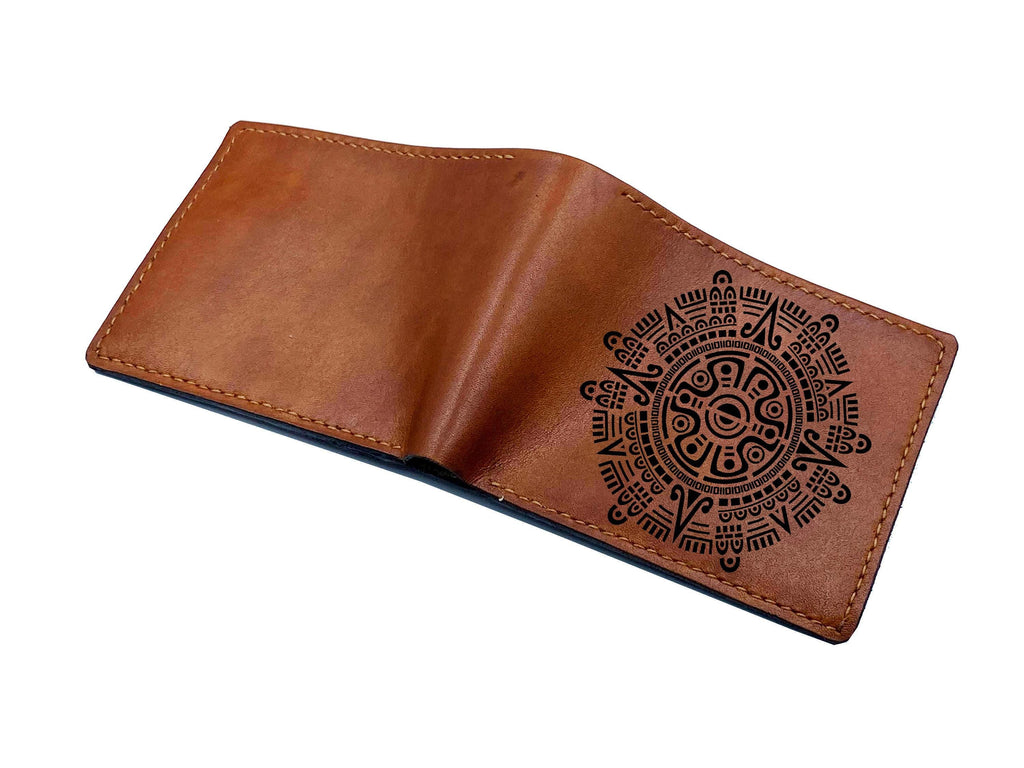 Engraved Leather Men's Wallet, Maya Inca Aztec Warrior, Personalized Gift