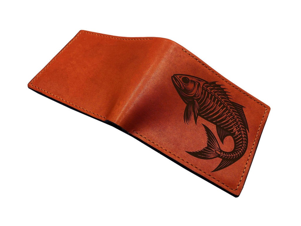 Fish Skeleton Leather Wallet, Handmade Veg-Tan Cowhide, Anniversary Gift
