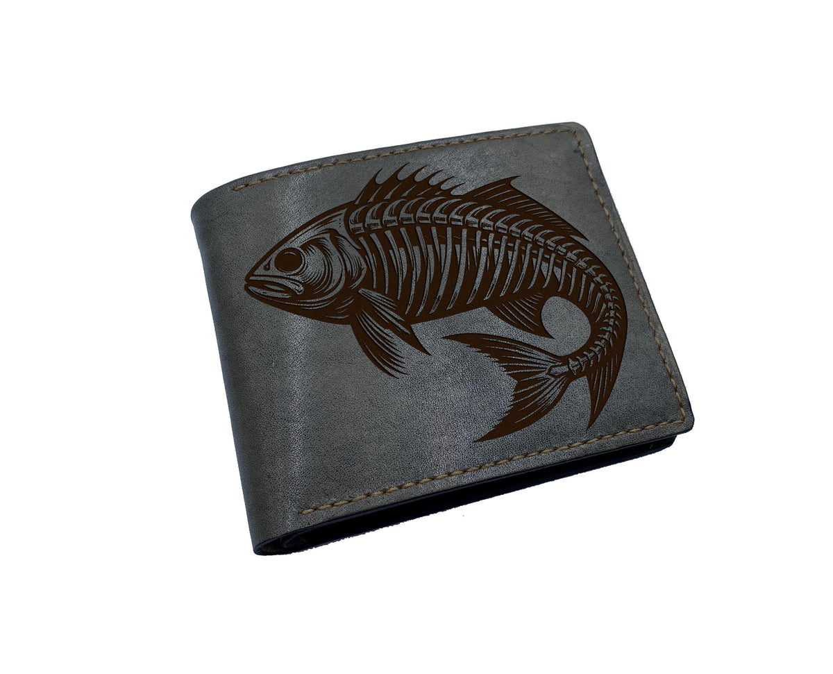 Fish Skeleton Leather Wallet, Handmade Veg-Tan Cowhide, Anniversary Gift