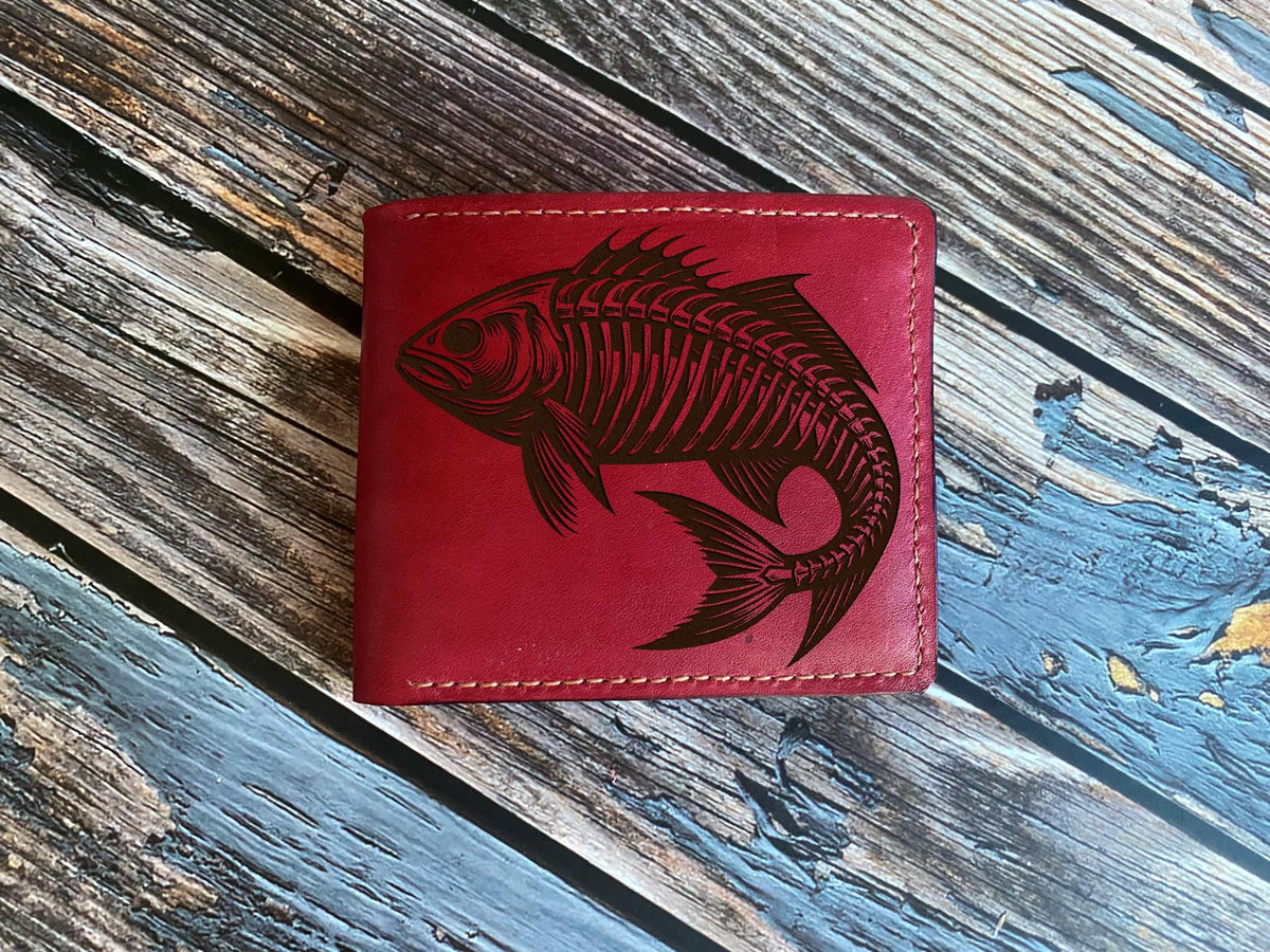 Fish Skeleton Leather Wallet, Handmade Veg-Tan Cowhide, Anniversary Gift