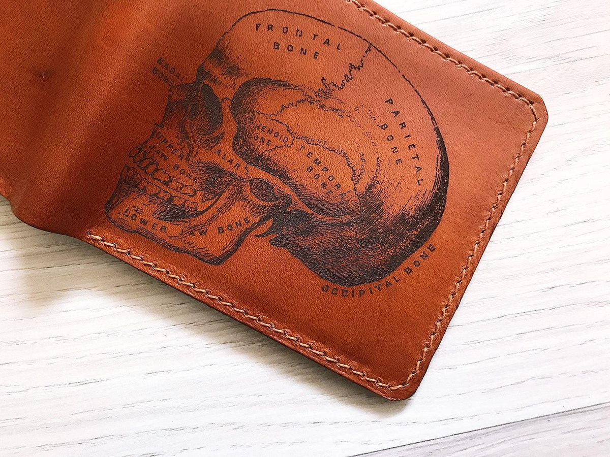 Personalized Leather Skull Anatomy Wallet: RFID Blocking, Handmade