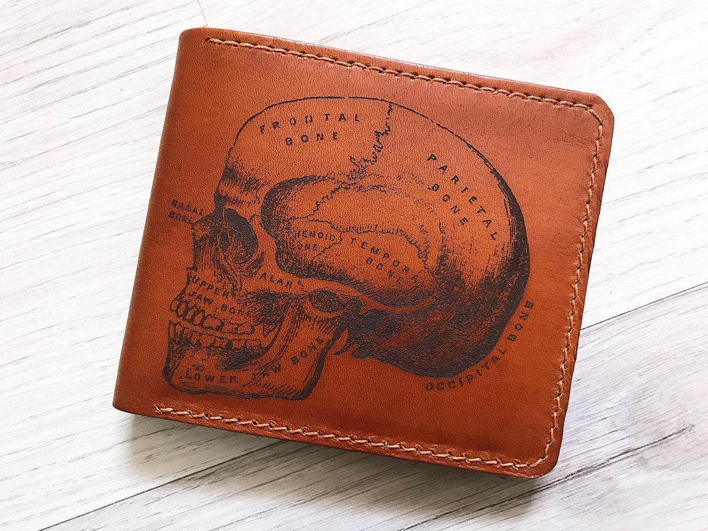 Personalized Leather Skull Anatomy Wallet: RFID Blocking, Handmade