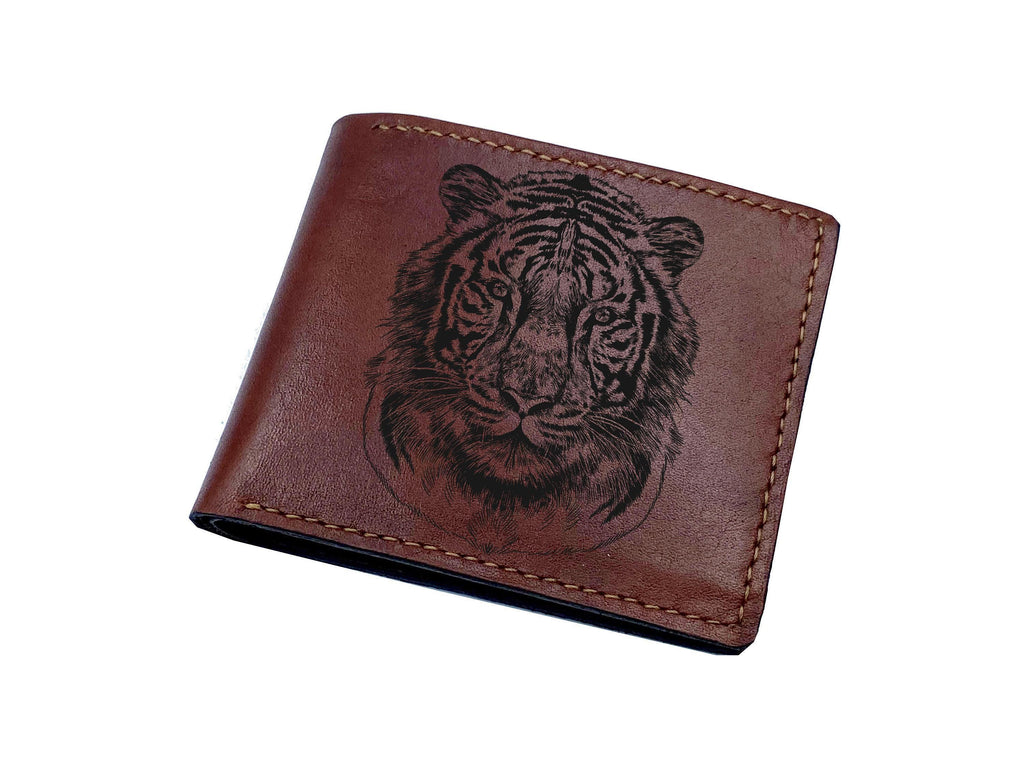 Engraved Tiger Leather Wallet: Personalized Animal Art Gift