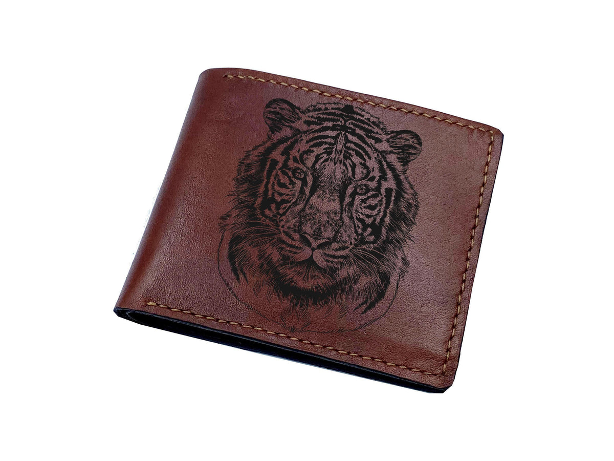 Engraved Tiger Leather Wallet: Personalized Animal Art Gift