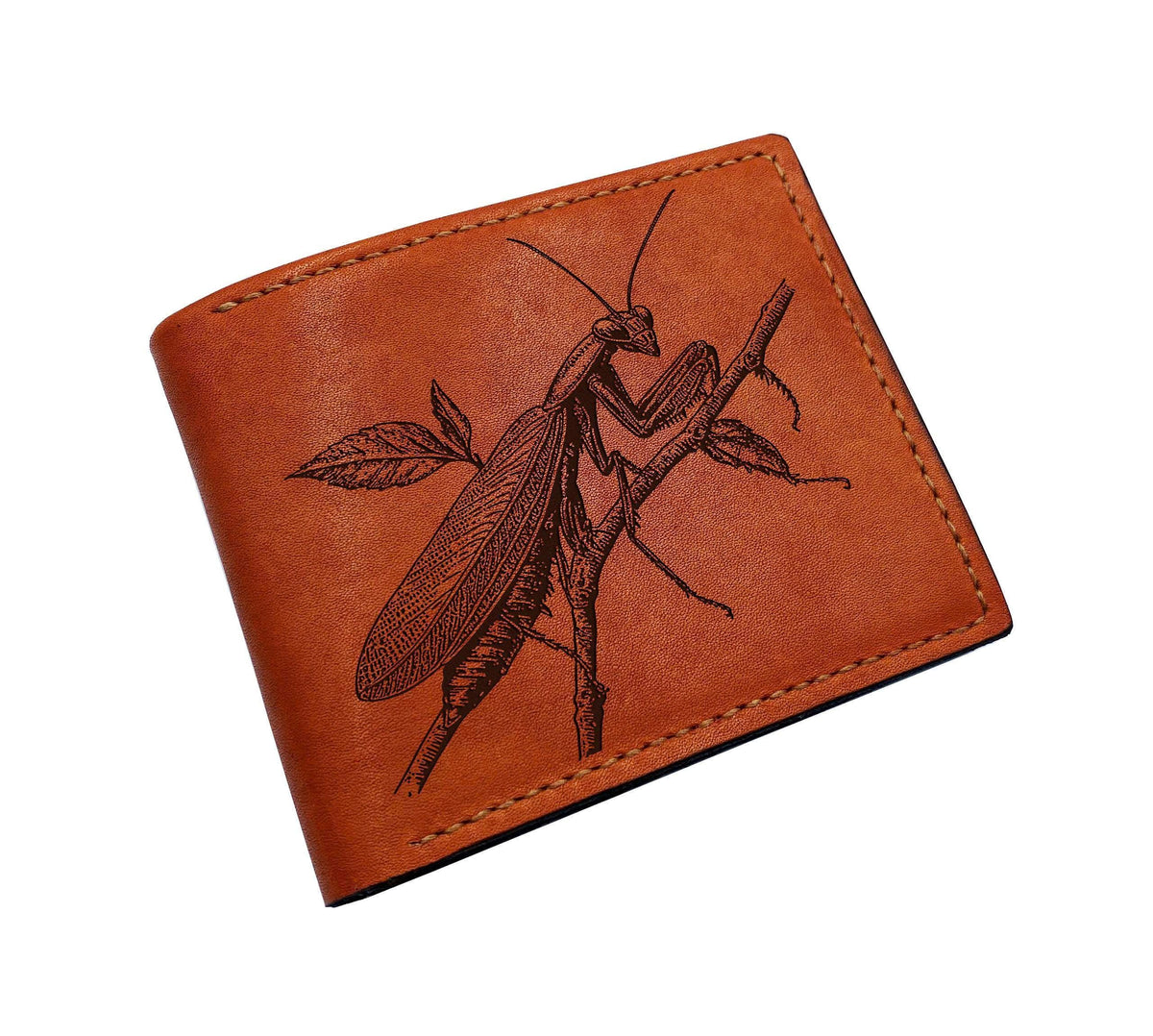 Engraved Mantis Leather Wallet, Handmade Insect Men's Wallet
