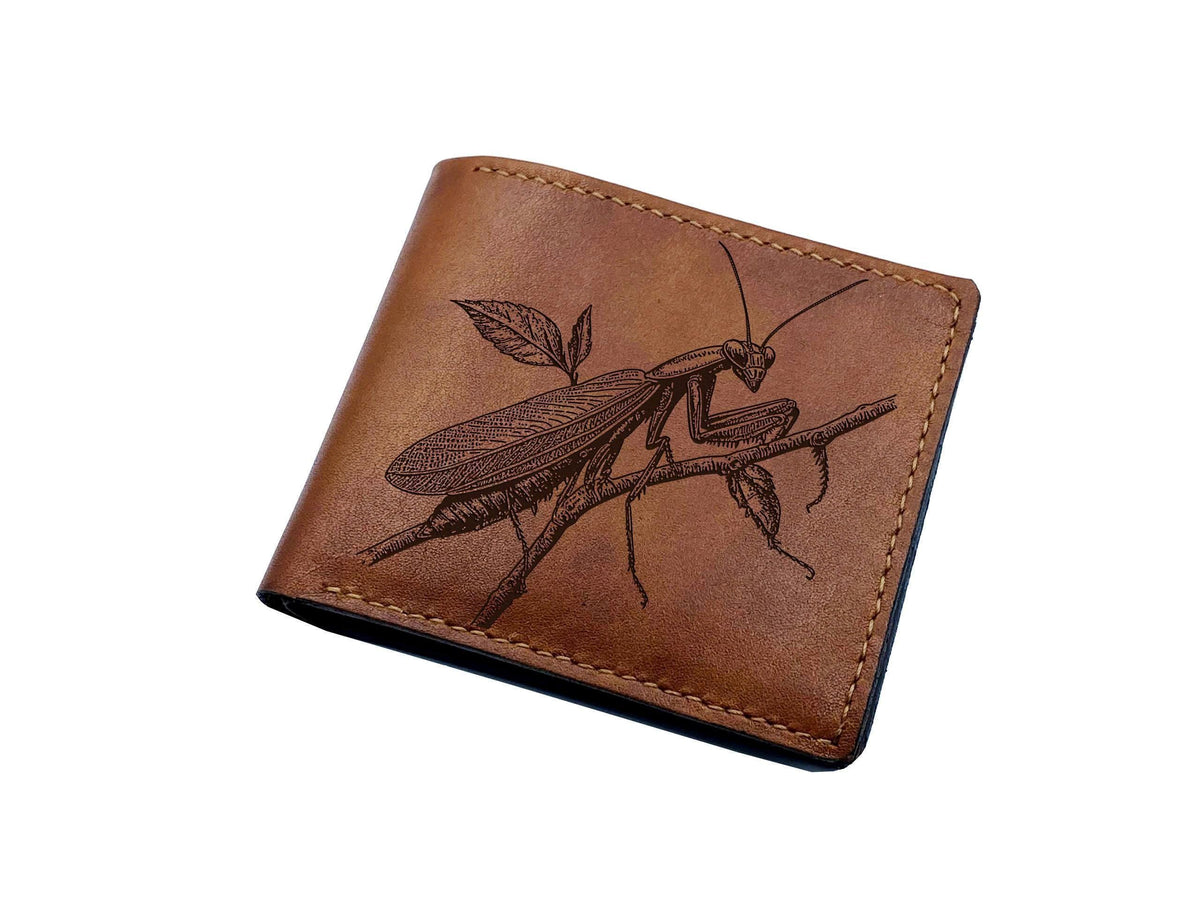 Engraved Mantis Leather Wallet, Handmade Insect Men's Wallet