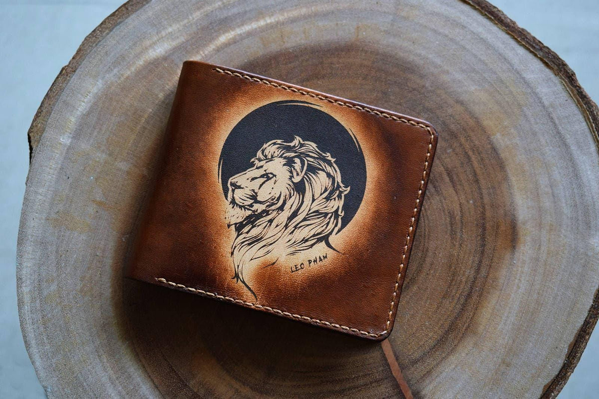 Personalized Lion Leather Wallet: Handmade Slim Bifold