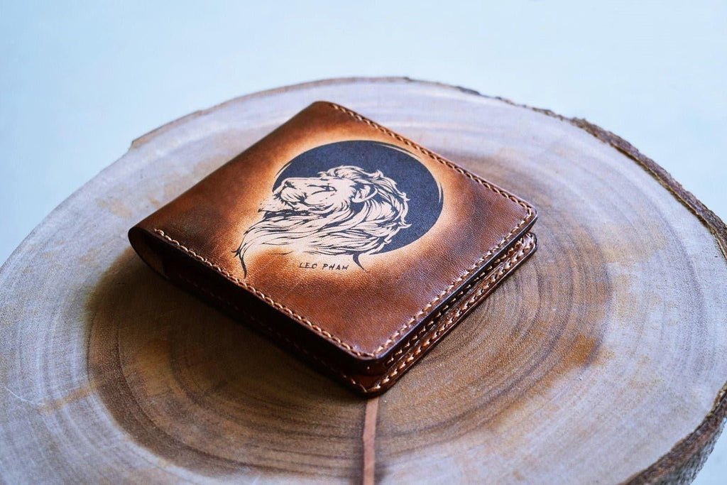 Personalized Lion Leather Wallet: Handmade Slim Bifold