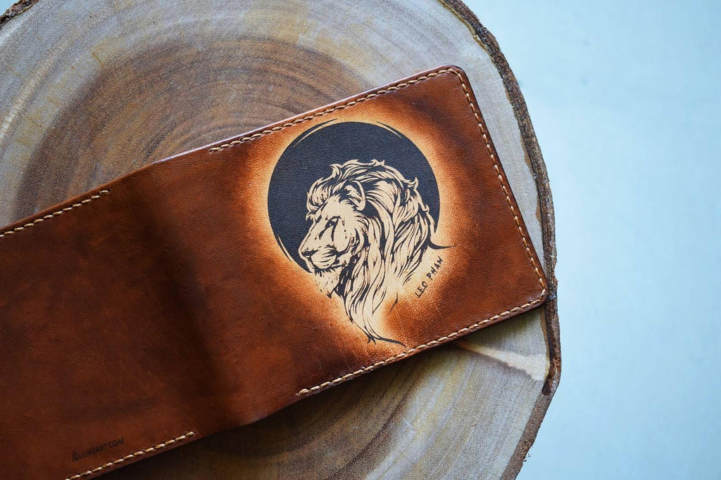 Personalized Lion Leather Wallet: Handmade Slim Bifold