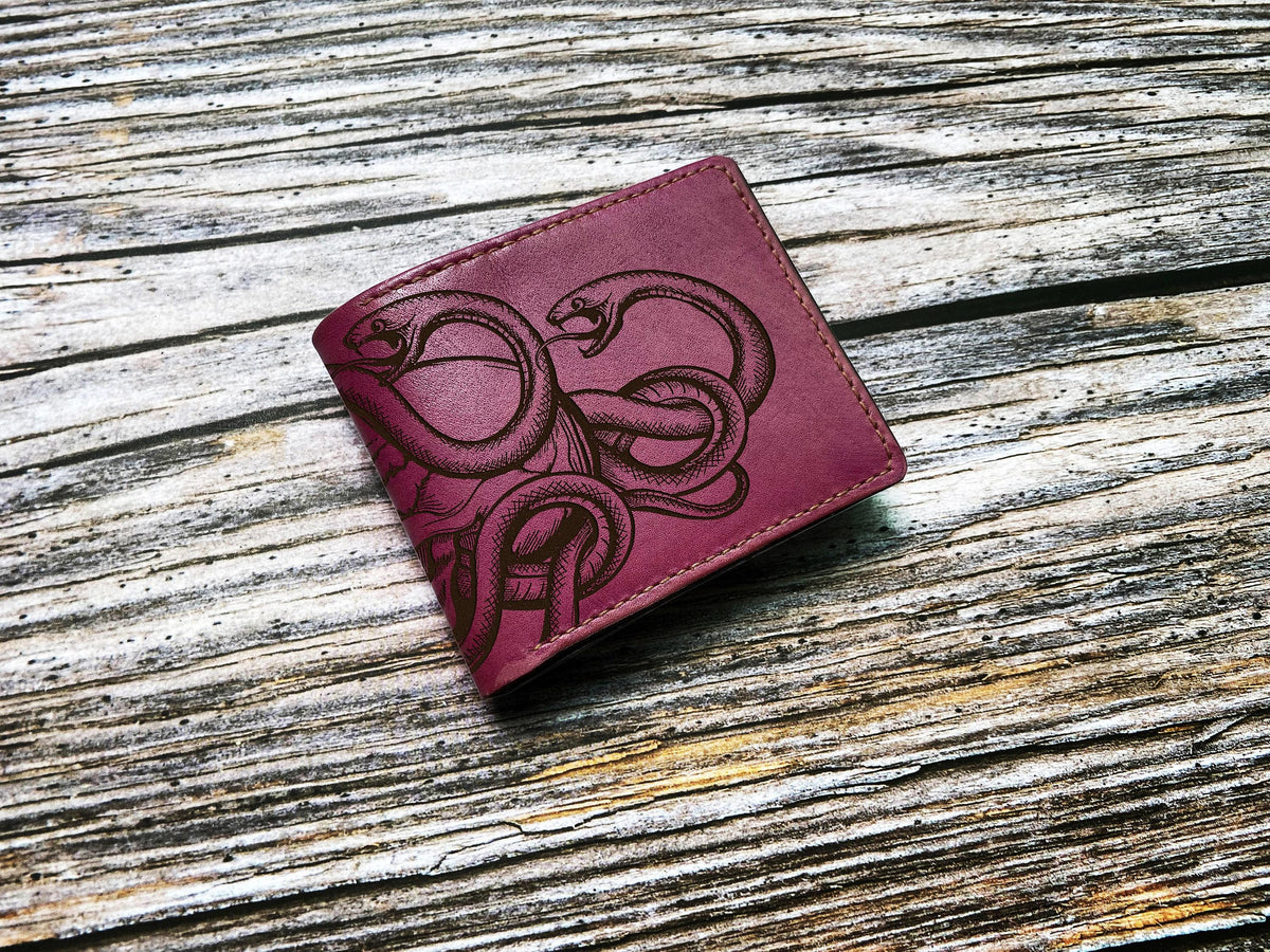 Handmade Leather Wallet, Engraved Snake Skull Pattern, Personalized Gift for Him