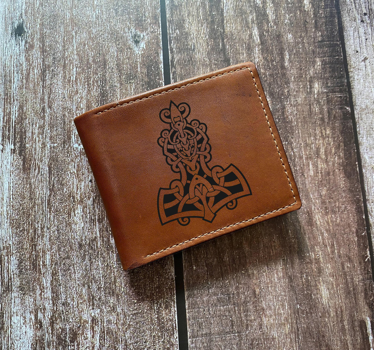 Norse Runes Leather Wallet: Celtic Thor Hammer, Minimalist Gift