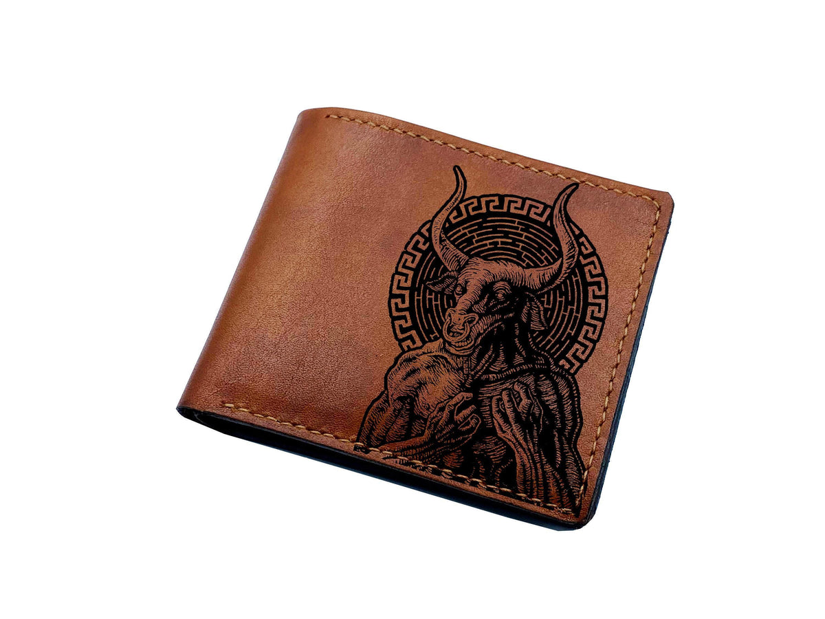 Medusa Skull Engraved Leather Wallet, Mythology Gift