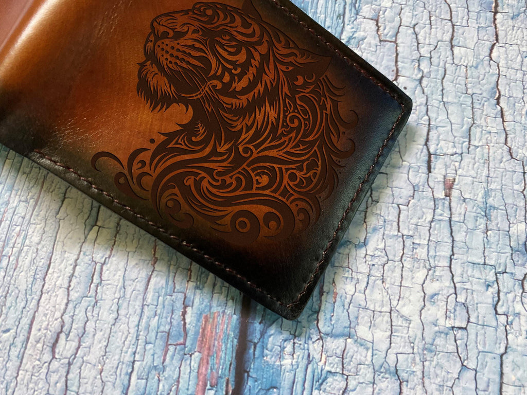 Engraved Tiger Leather Wallet: Handmade Animal Big Cat Gift
